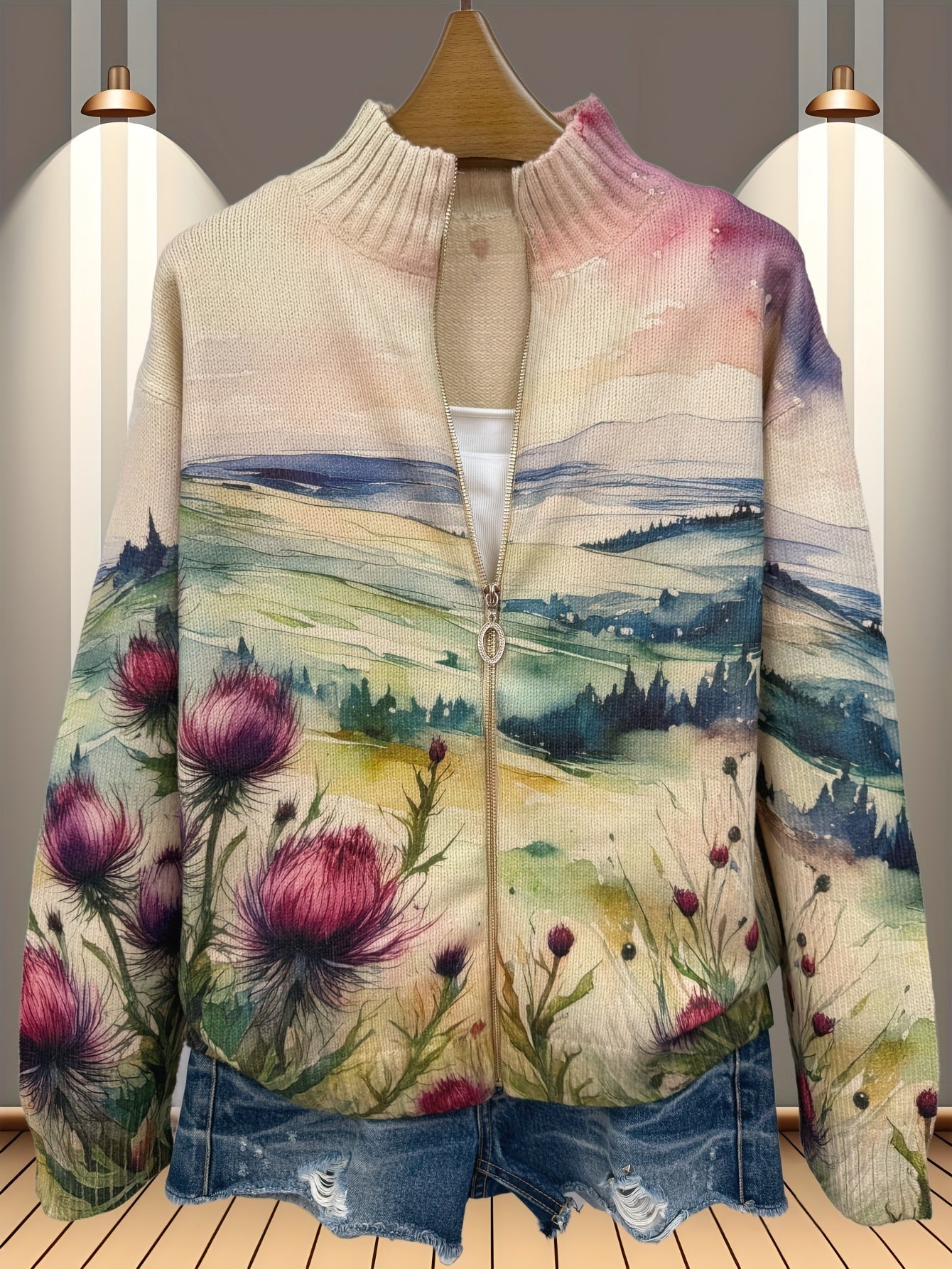 Women's zip cardigan with watercolour thistle landscape print, gold zip and ribbed stand collar