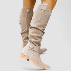 Slouch Western knee boots with perforated texture, block heel and side zipper in beige and khaki