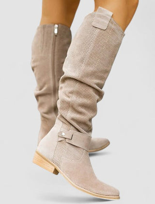 Slouch Western knee boots with perforated texture, block heel and side zipper in beige and khaki