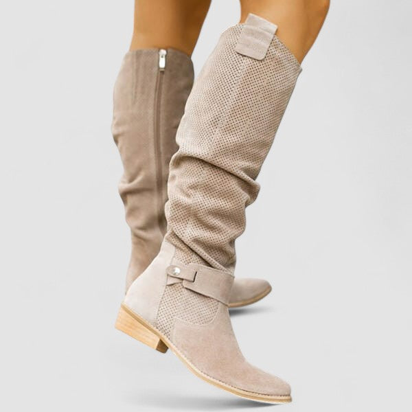 Slouch Western knee boots with perforated texture, block heel and side zipper in beige and khaki