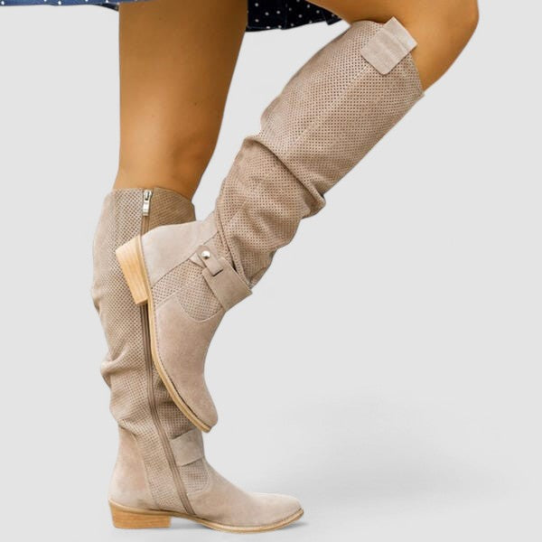 Slouch Western knee boots with perforated texture, block heel and side zipper in beige and khaki