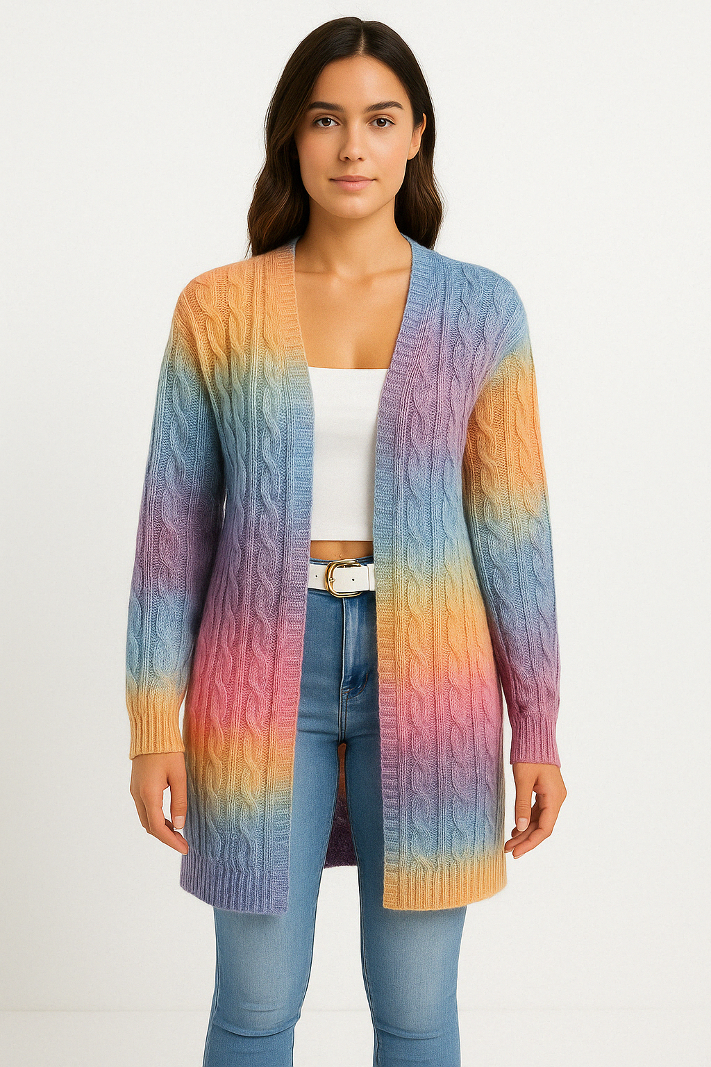 Long open-front soft knit duster cardigan with relaxed drape and long sleeves
