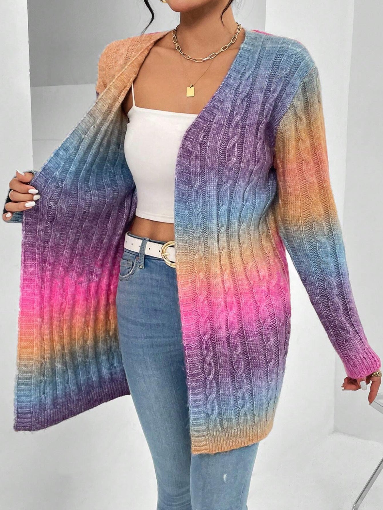 Long open-front soft knit duster cardigan with relaxed drape and long sleeves