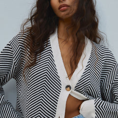 Chevron-knit button-up cardigan with contrast buttons and monochrome design