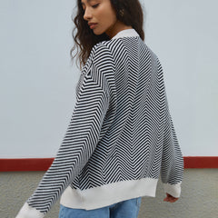 Chevron-knit button-up cardigan with contrast buttons and monochrome design
