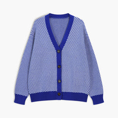 Chevron-knit button-up cardigan with contrast buttons and monochrome design