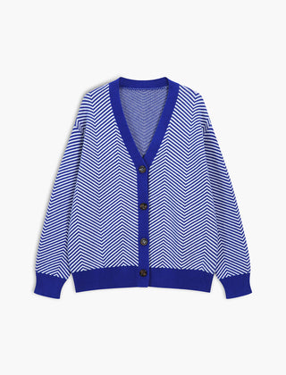 Chevron-knit button-up cardigan with contrast buttons and monochrome design