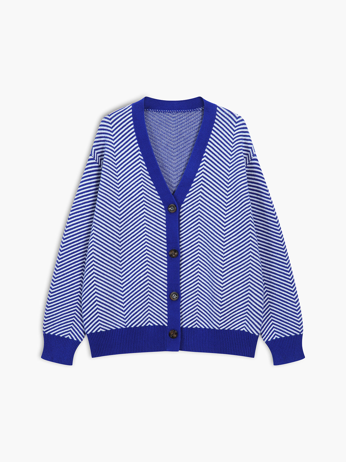 Chevron-knit button-up cardigan with contrast buttons and monochrome design