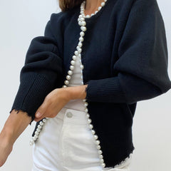 Pearl trim round neck knit cardigan with lightly frayed edges in white and black