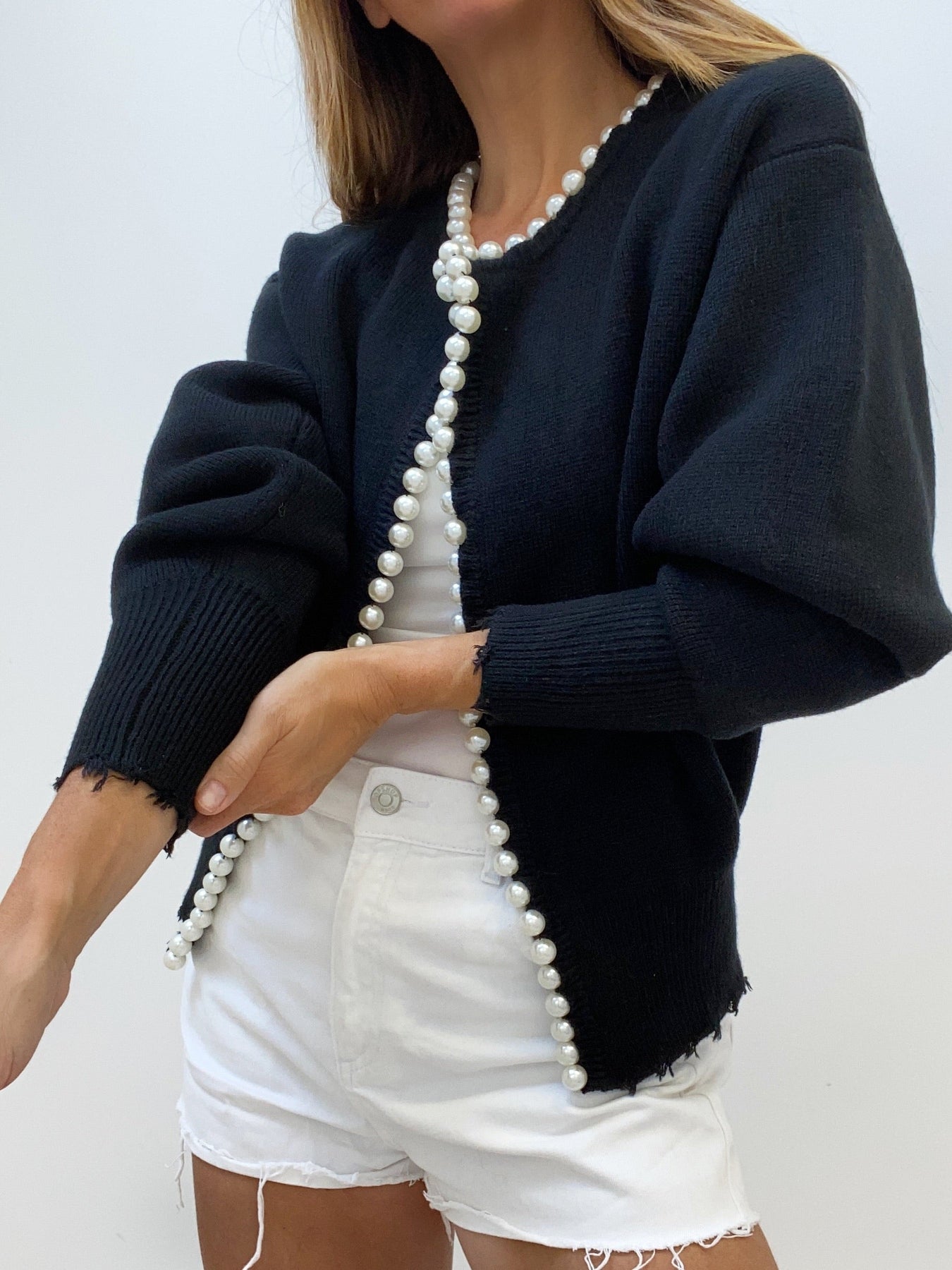 Pearl trim round neck knit cardigan with lightly frayed edges in white and black