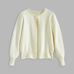 Pearl trim round neck knit cardigan with lightly frayed edges in white and black