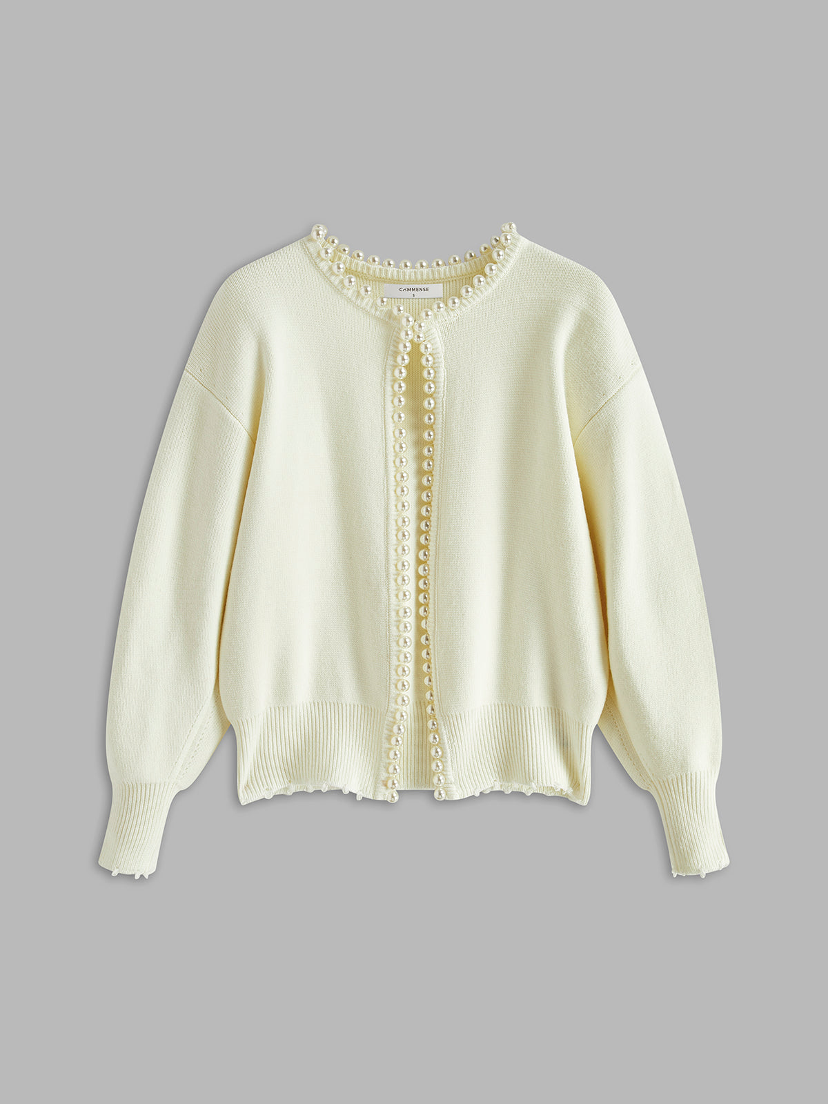 Pearl trim round neck knit cardigan with lightly frayed edges in white and black