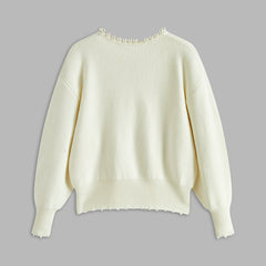 Pearl trim round neck knit cardigan with lightly frayed edges in white and black