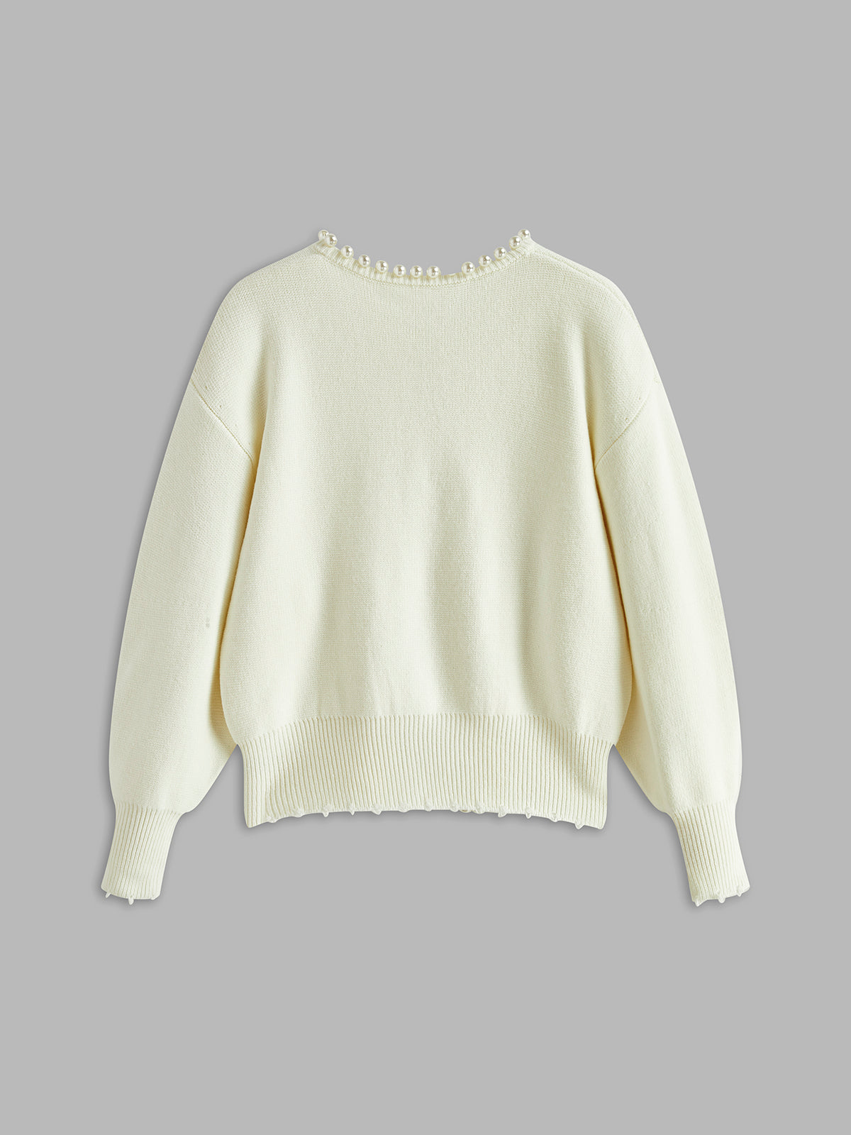 Pearl trim round neck knit cardigan with lightly frayed edges in white and black
