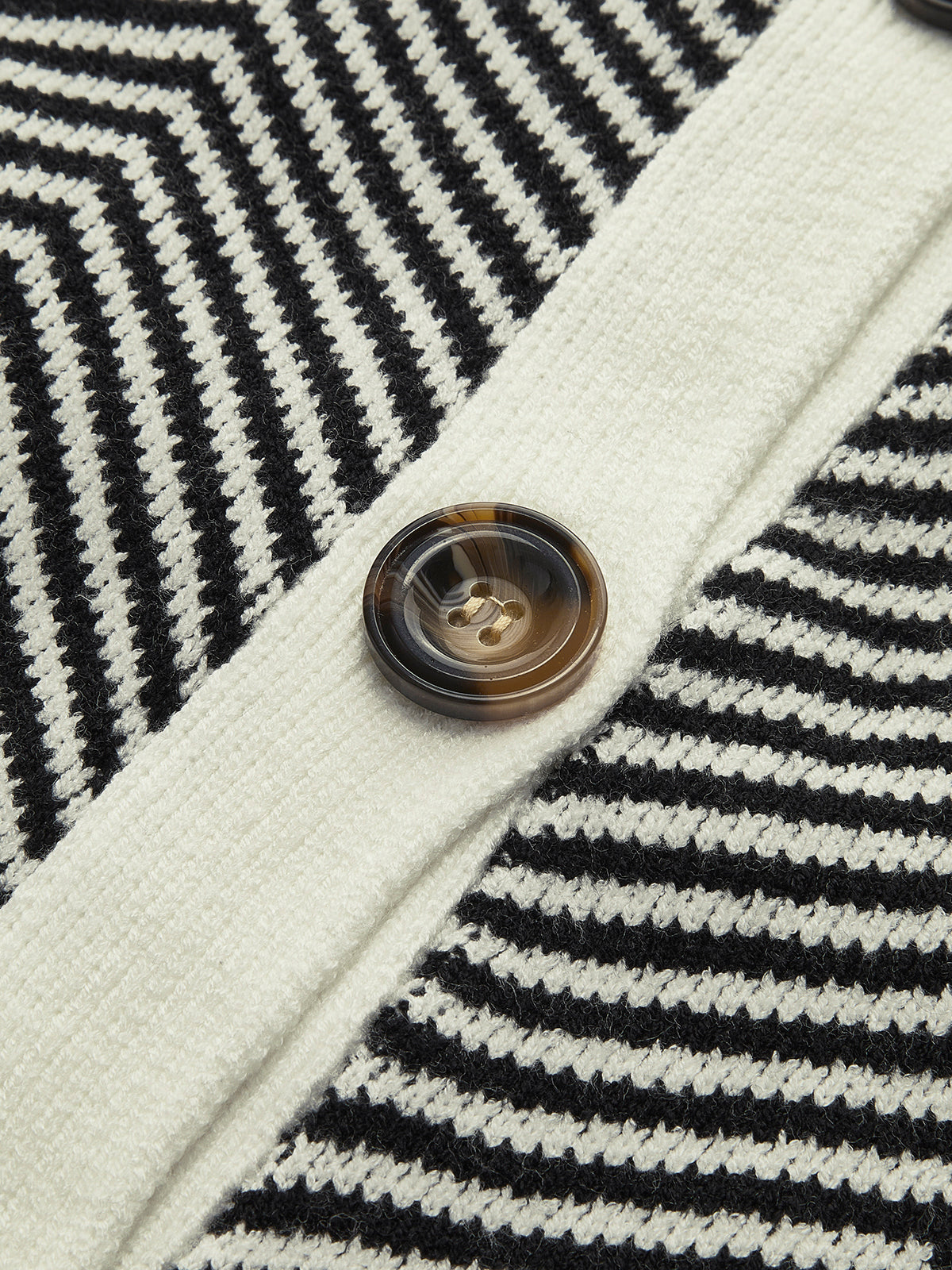 Chevron-knit button-up cardigan with contrast buttons and monochrome design