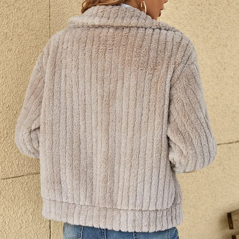 Women's zip-front cardigan with stand collar, long sleeves and vertical textured knit