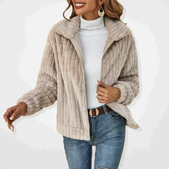 Women's zip-front cardigan with stand collar, long sleeves and vertical textured knit