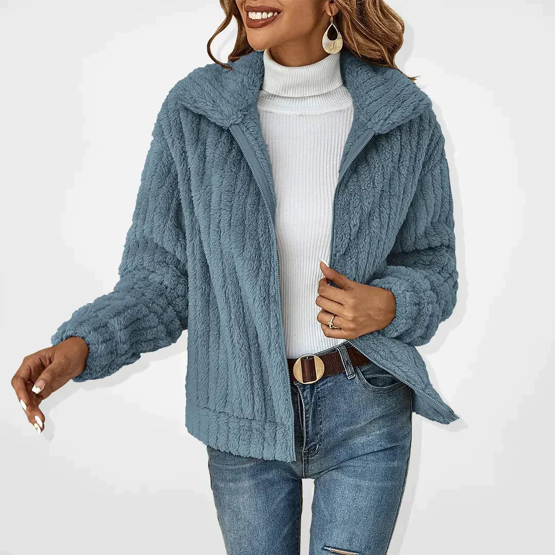 Women's zip-front cardigan with stand collar, long sleeves and vertical textured knit