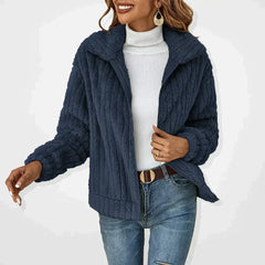 Women's zip-front cardigan with stand collar, long sleeves and vertical textured knit