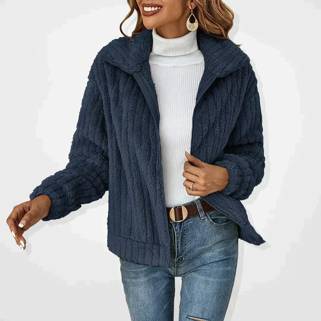 Women's zip-front cardigan with stand collar, long sleeves and vertical textured knit