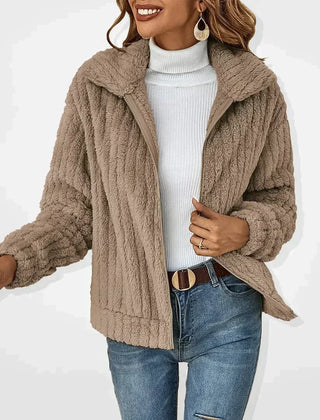 Women's zip-front cardigan with stand collar, long sleeves and vertical textured knit