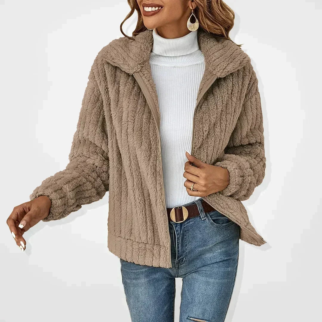 Women's zip-front cardigan with stand collar, long sleeves and vertical textured knit