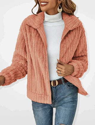 Women's zip-front cardigan with stand collar, long sleeves and vertical textured knit