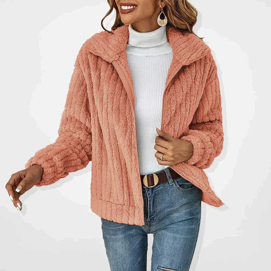 Women's zip-front cardigan with stand collar, long sleeves and vertical textured knit