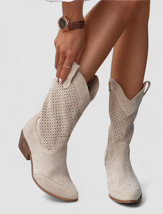 Perforated Western boots with pointed toe and block heel, shown in white, beige, black and brown