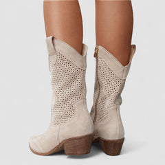 Perforated Western boots with pointed toe and block heel, shown in white, beige, black and brown