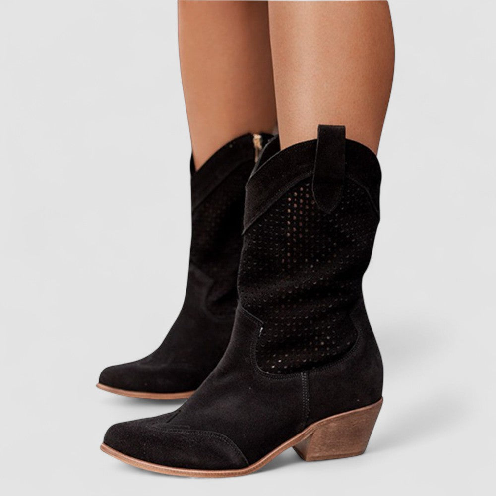 Perforated Western boots with pointed toe and block heel, shown in white, beige, black and brown