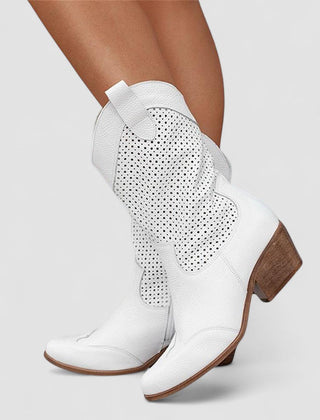 Perforated Western boots with pointed toe and block heel, shown in white, beige, black and brown