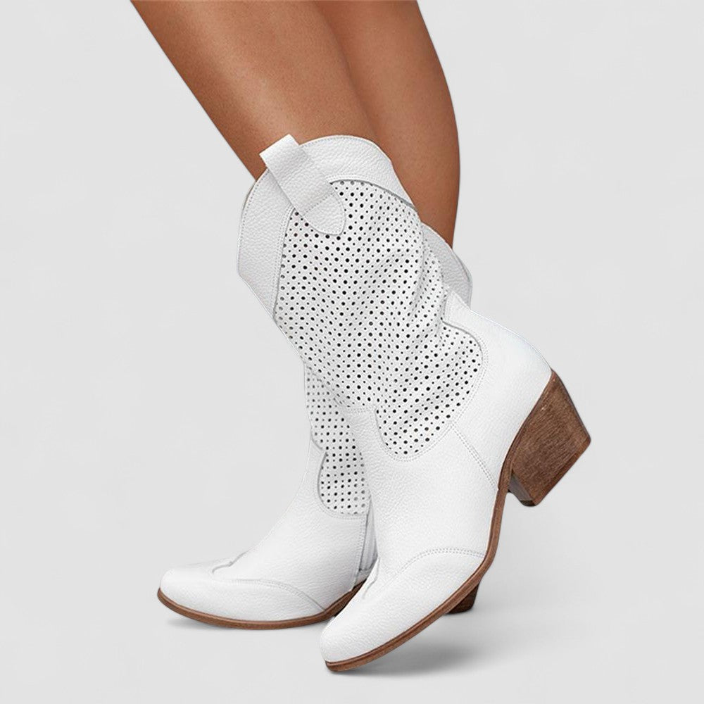 Perforated Western boots with pointed toe and block heel, shown in white, beige, black and brown