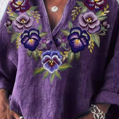 Deep purple floral print V-neck loose-fitting long sleeve blouse for women