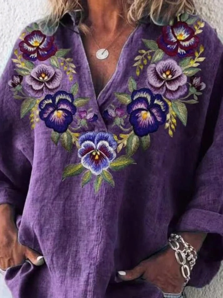 Deep purple floral print V-neck loose-fitting long sleeve blouse for women