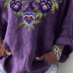 Deep purple floral print V-neck loose-fitting long sleeve blouse for women