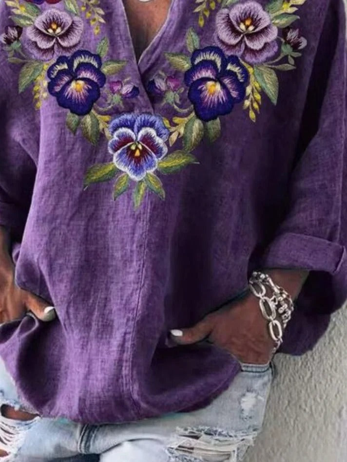 Deep purple floral print V-neck loose-fitting long sleeve blouse for women