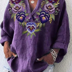 Deep purple floral print V-neck loose-fitting long sleeve blouse for women