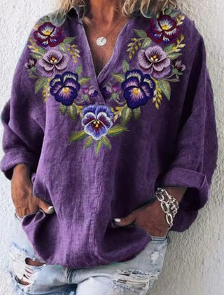 Deep purple floral print V-neck loose-fitting long sleeve blouse for women