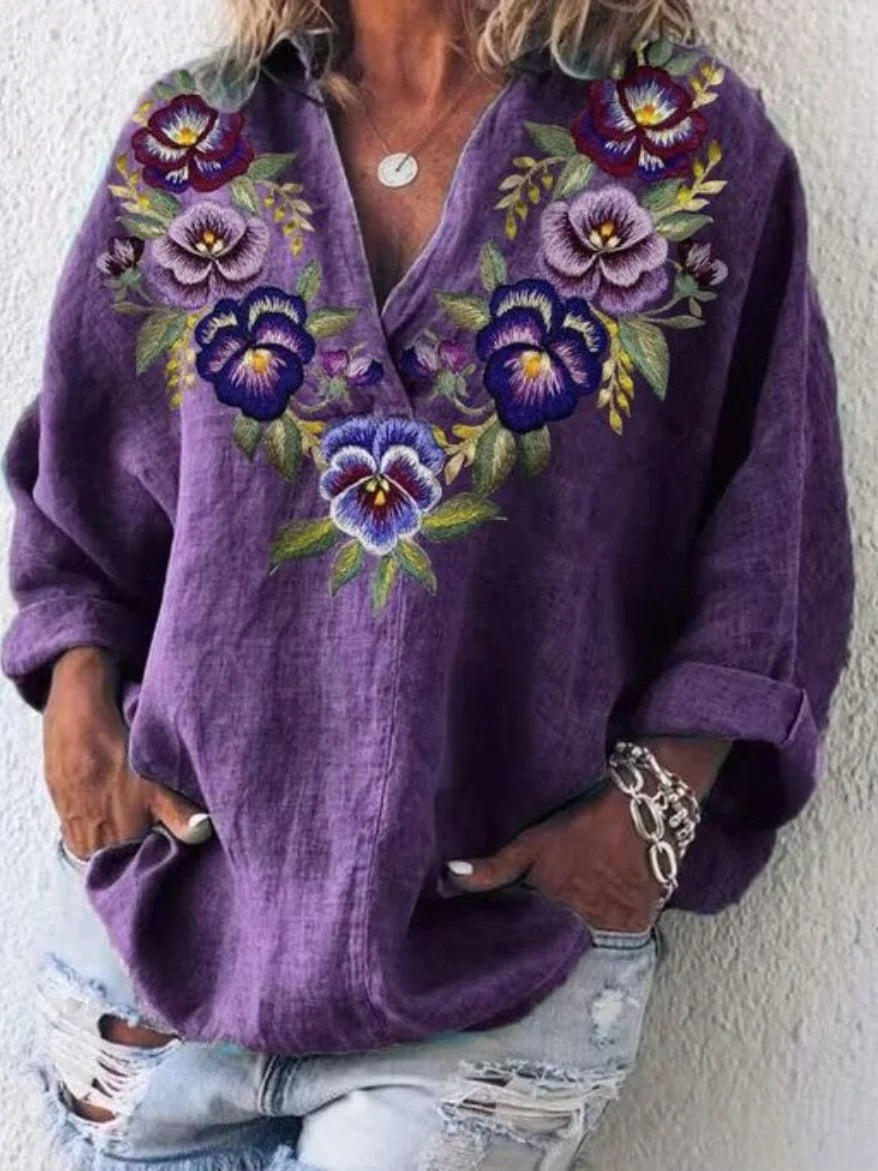 Deep purple floral print V-neck loose-fitting long sleeve blouse for women
