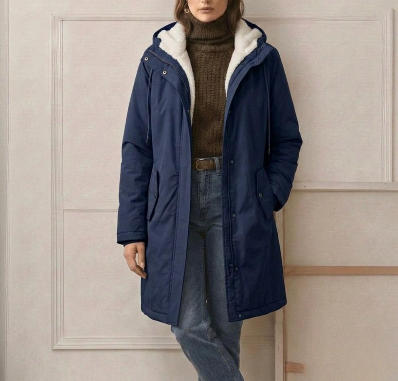Women's hooded longline weatherproof coat with plush lining and front pockets