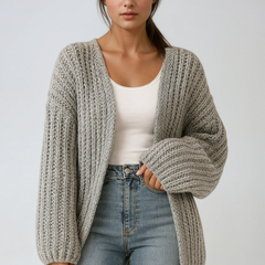 Oversized chunky knit cardigan with lantern sleeves and slouchy open-front silhouette