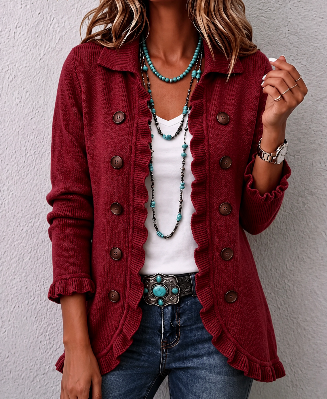 Red bohemian paisley ruffle jacket with double-breasted buttons and spread collar