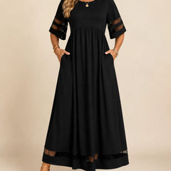 Aubrey A-line midi dress with half sleeves and sheer detailing on sleeves and hem
