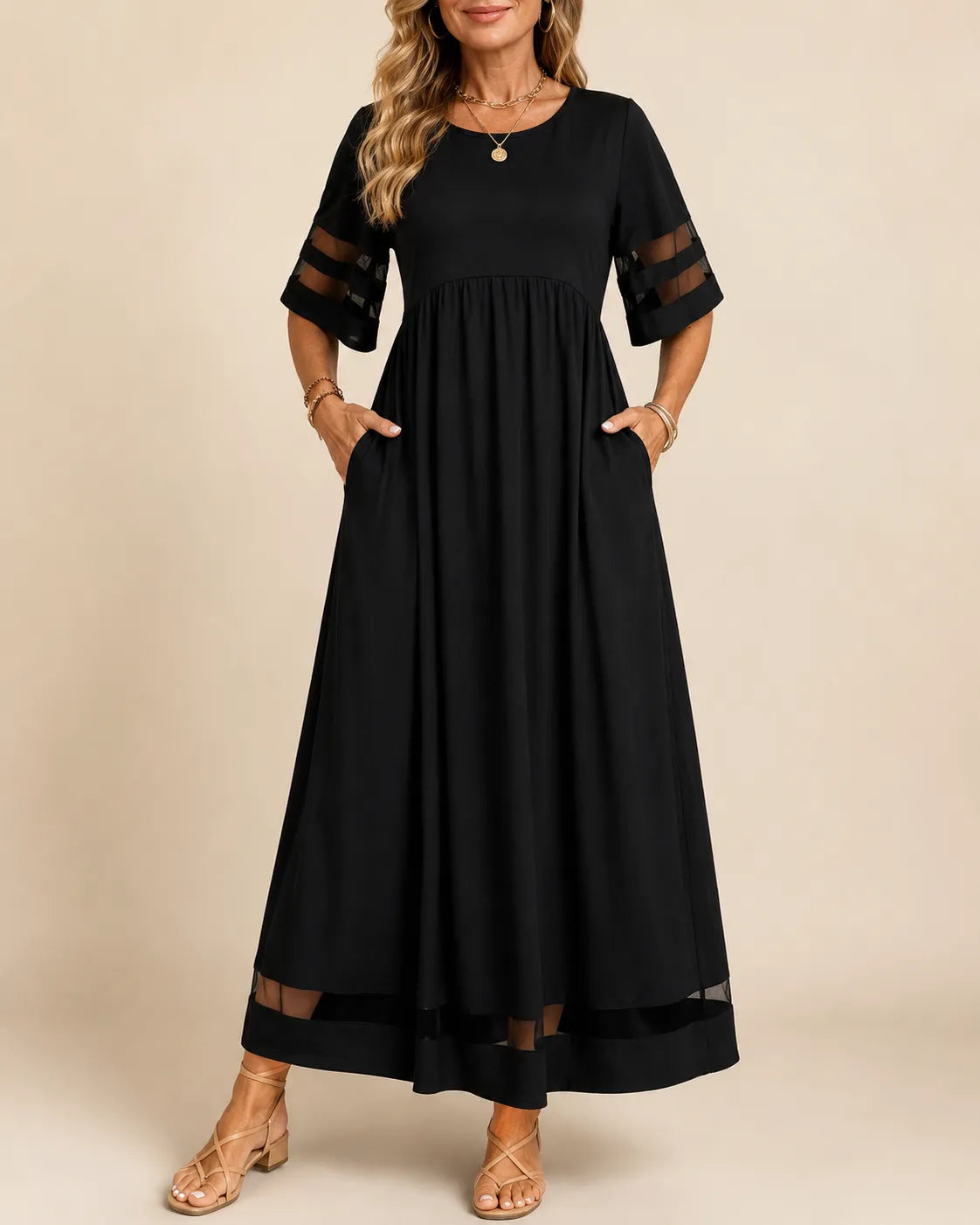 Aubrey A-line midi dress with half sleeves and sheer detailing on sleeves and hem