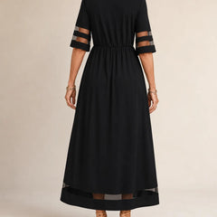 Aubrey A-line midi dress with half sleeves and sheer detailing on sleeves and hem