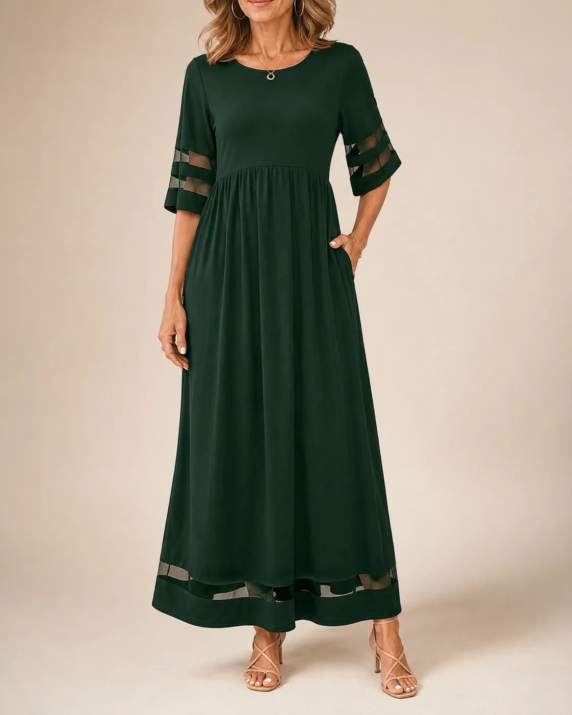Aubrey A-line midi dress with half sleeves and sheer detailing on sleeves and hem