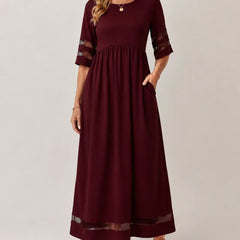 Aubrey A-line midi dress with half sleeves and sheer detailing on sleeves and hem