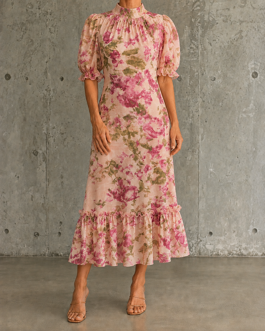 Mae | Vintage Rose Print Puff Sleeve Maxi Dress