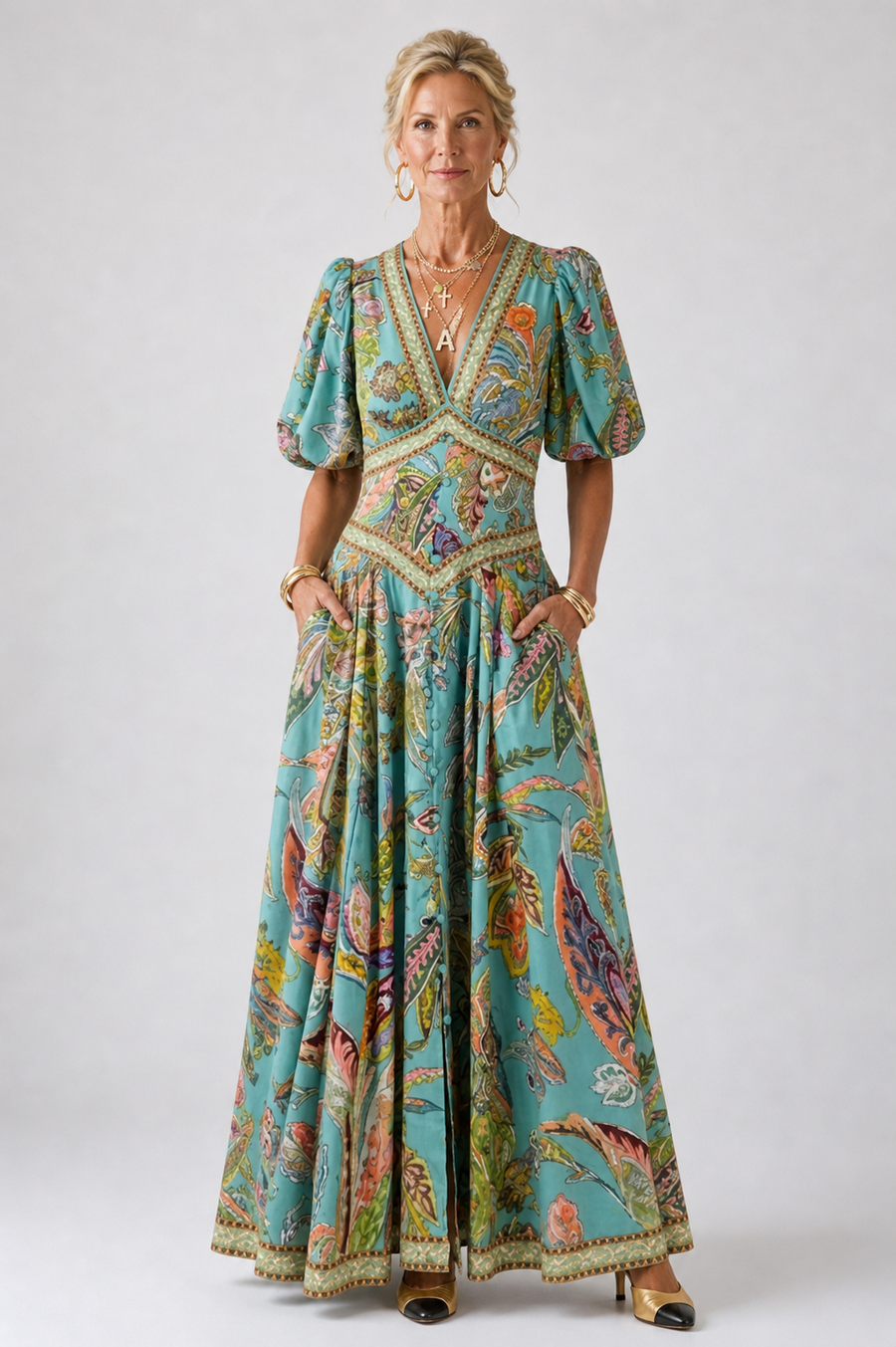 Hanna | Airy maxi dress with puff sleeves and V-neck